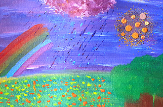 Painting of a field covered in fallen leaves, with a rainbow, sun and rainy cloud in the sky above it