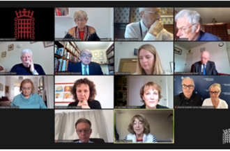 screenshot of video call featuring Catherine Roche and House of Lords representatives