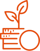 Illustrated orange icon of coins and leaves from a plant