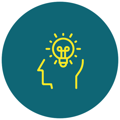 Icon showing lightbulb idea inside head in yellow and teal