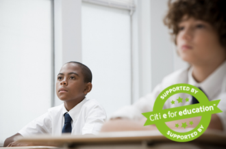 Two boys in classroom. Text saying 'supported by citi e for education'.