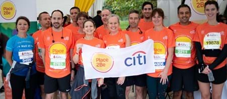 Group shot at Royal Parks Half Marathon with corporate supporters of Place2Be (Citi)