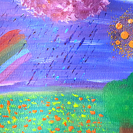 Painting of a field with a rainbow, rain cloud and sun above it