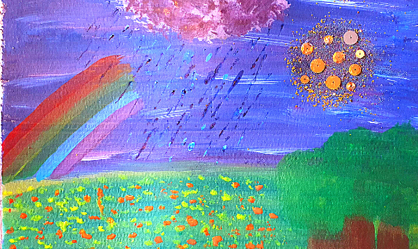Painting of a field covered in fallen leaves, with a rainbow, sun and rainy cloud in the sky above it