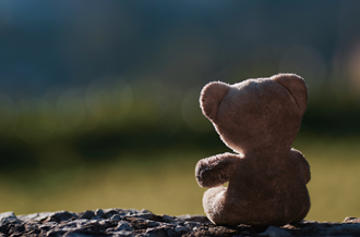 Teddy bear sat on a cliff edge