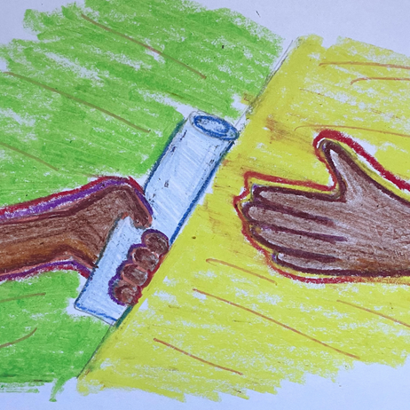 Drawing of two hands, with one passing a baton to the other