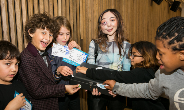 Pupils from Eleanor Palmer Primary School showing Nikki Lilly the Time Capsule