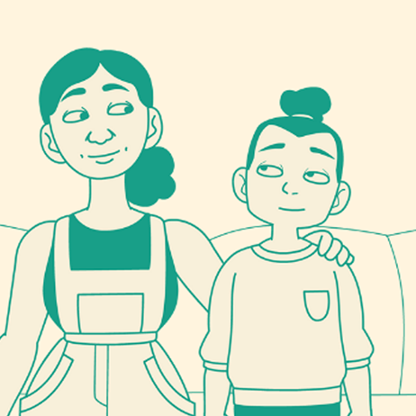 Animation still of mum with her hand on her child's shoulder sitting on the sofa