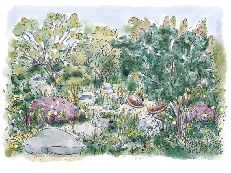 Illustration of garden with trees, rocks, and two children sat in conversation