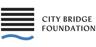 logo for the City Bridge Foundation, made up of 5 black horizontal straight lines with a blue wavy line underneath. The words 'City Bridge Foundation' are next to the lines.