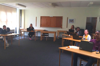 Students in socially distanced classroom at Stewards Academy in Essex