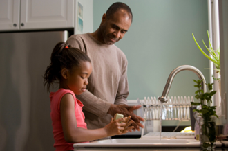 Father and daughter washing hands