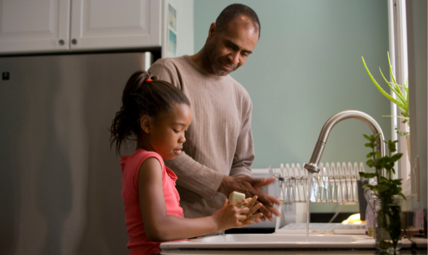 Father and daughter washing hands