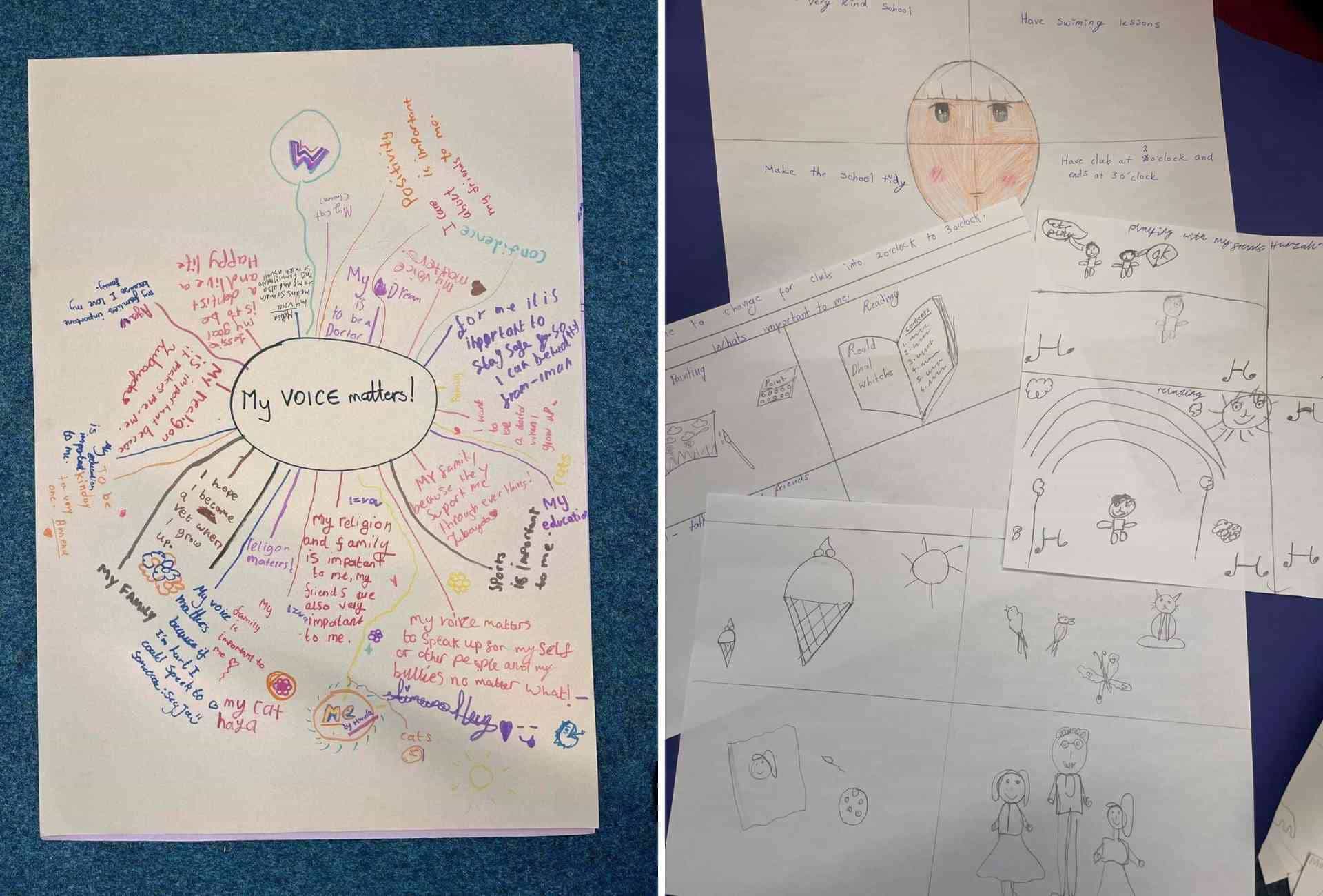two pictures side-by-side of drawings and writing by children