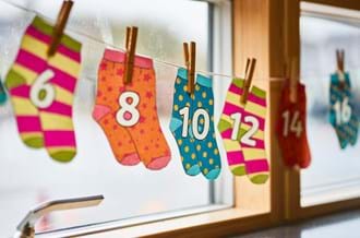 sock drawing bunting hung up at classroom window