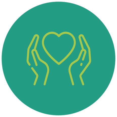 Icon showing two hands surrounding a heart in turquoise