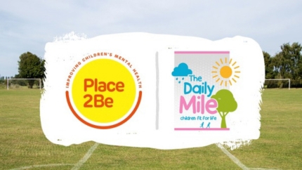 Place2Be and The Daily Mile logos with a playing field background