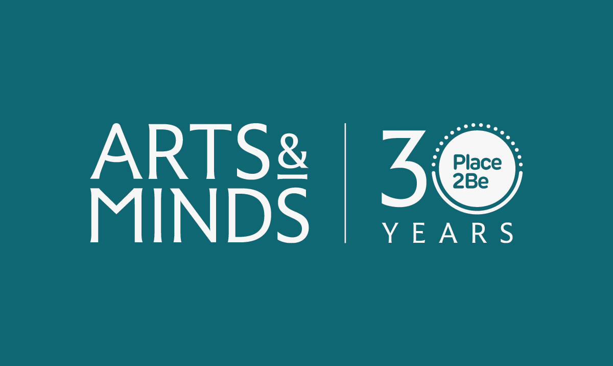 Arts & Minds logo, and 30 years of Place2Be logo, on a teal background