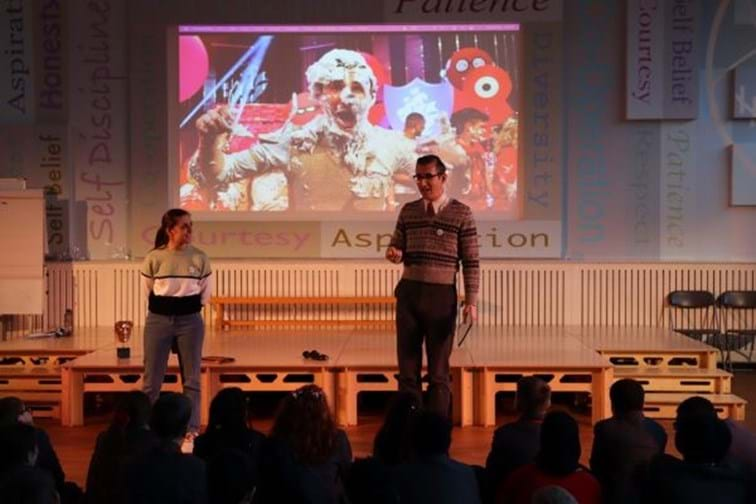 Kia Pegg and Ben Shires hosting the BAFTA Roadshow at Featherstone Primary School