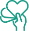 Illustrated turquoise icon of a hand holding three hearts