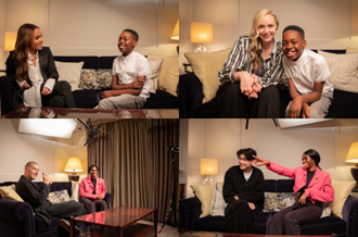 4 photos in a collage. From left to right, top to bottom. Image 1: Alex Scott and Jeriah smiling on a sofa, mid conversation, Image 2: Gwendoline Christie and Jeriah smiling at camera, Image 3: Taz Skylar and Precious smiling mid conversation, Image 3: William Gao and Precious smiling on sofa, while Precious points to the distance.