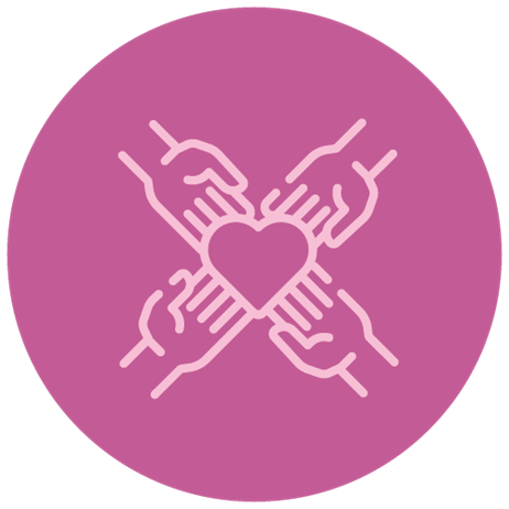 Icon showing four hands surrounding a heart in pink
