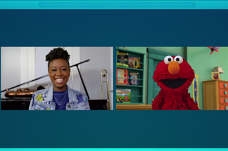 Screenshot from the Mindful Moments, with Place2Be Ambassador YolanDa Brown on the left and Sesame Street's Elmo on the right.