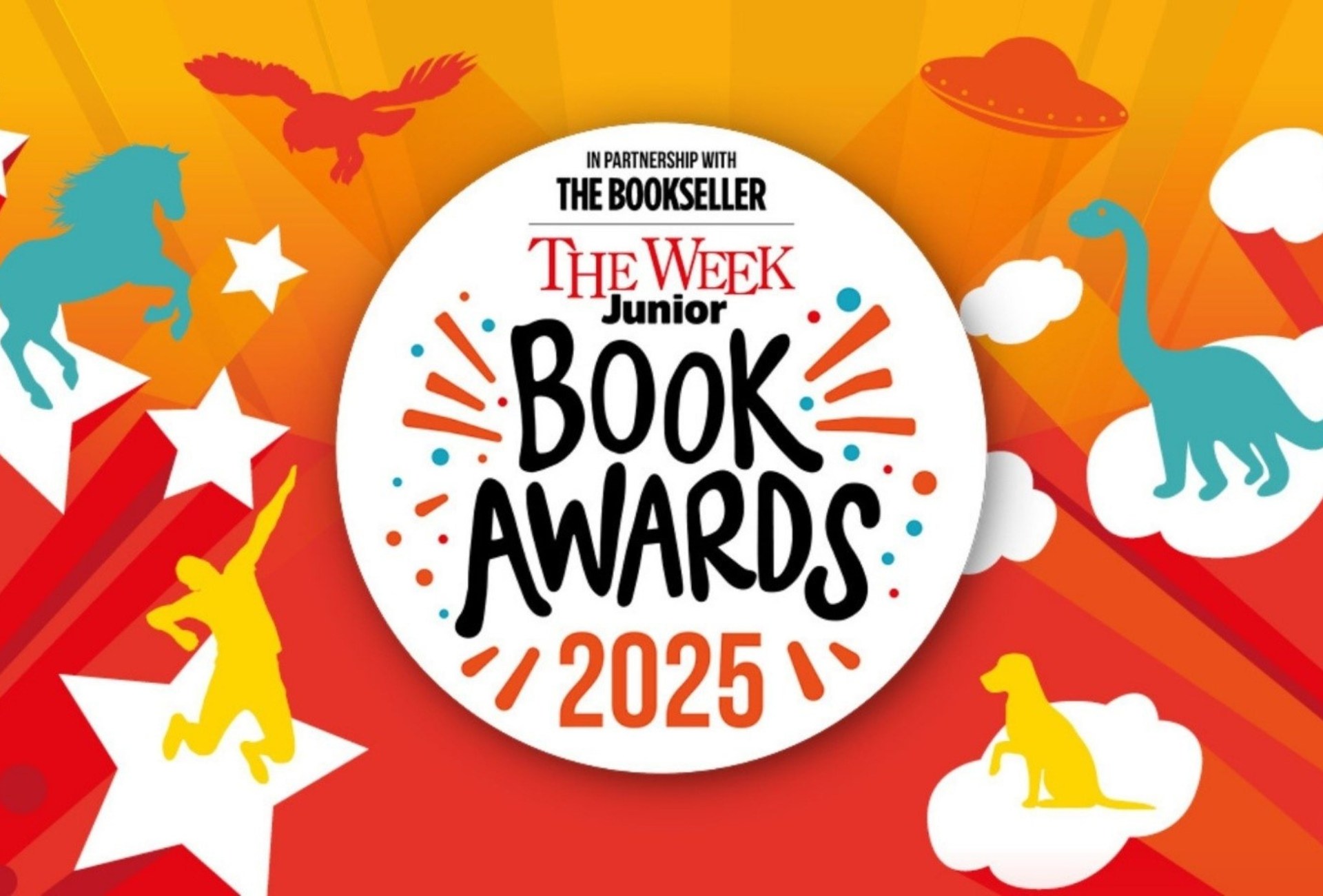 The Week Junior Book Awards logo on an orange gradient background with various graphic silhouettes