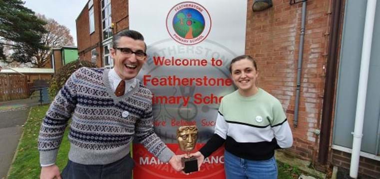 Ben Shires and Kia Pegg hosting the BAFTA Roadshow at Featherstone Primary School