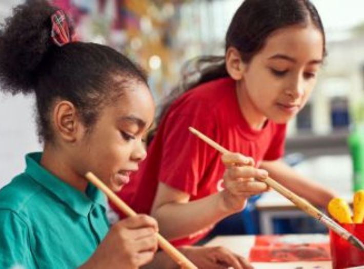 Two young girls sitting at a table, painting pictures