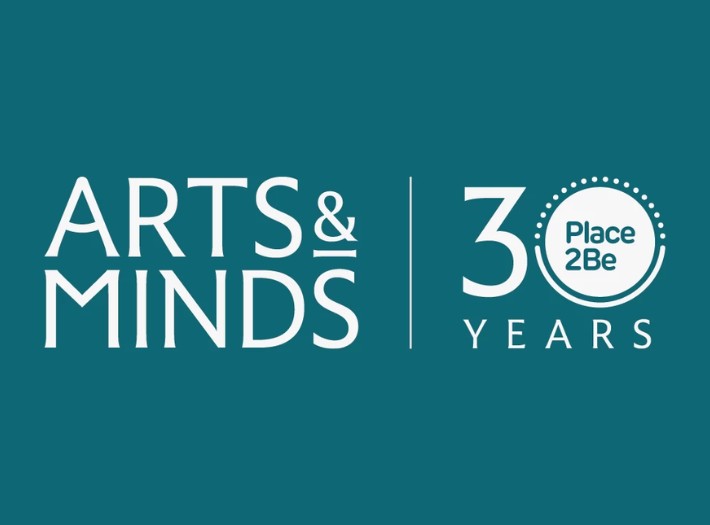 Arts & Minds logo, and 30 years of Place2Be logo, on a teal background