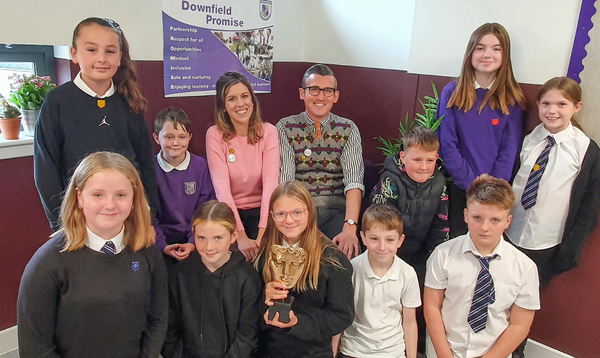 Ben and Jenny with pupils from Downfield Primary School