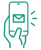 Illustrated turquoise icon of a hand holding a phone with an email or message notification