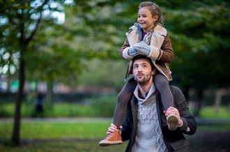 A father in the park with his daughter on his shoulders. Both are wearing winter coats, jumpers and gloves.