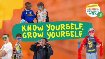 An orange graphic with yellow and turquoise overlay. Yellow text that reads Know Yourself, Grow Yourself is in the centre of the page. Six happy children wearing various costumes also appear on the graphic.