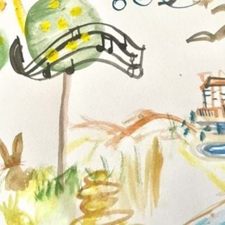 children's painting of trees, house and river with music notes