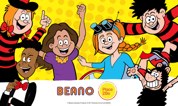 Beano character favourites including Minnie, Gnasher and Dennis. The photo contains the Beano and Place2Be logos