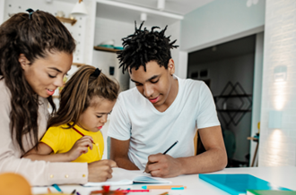 Children doing drawing with their child