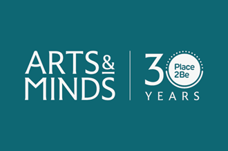 Arts & Minds logo, and 30 years of Place2Be logo, on a teal background