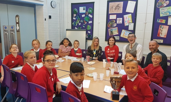 Lindsey and Ben with school pupils for BAFTA roadshow